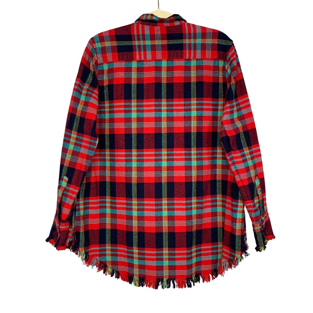 ONE24 RAGS Red Plaid‎ Fringed Flannel Shirt Oversized Distressed Women Large - Picture 2 of 10